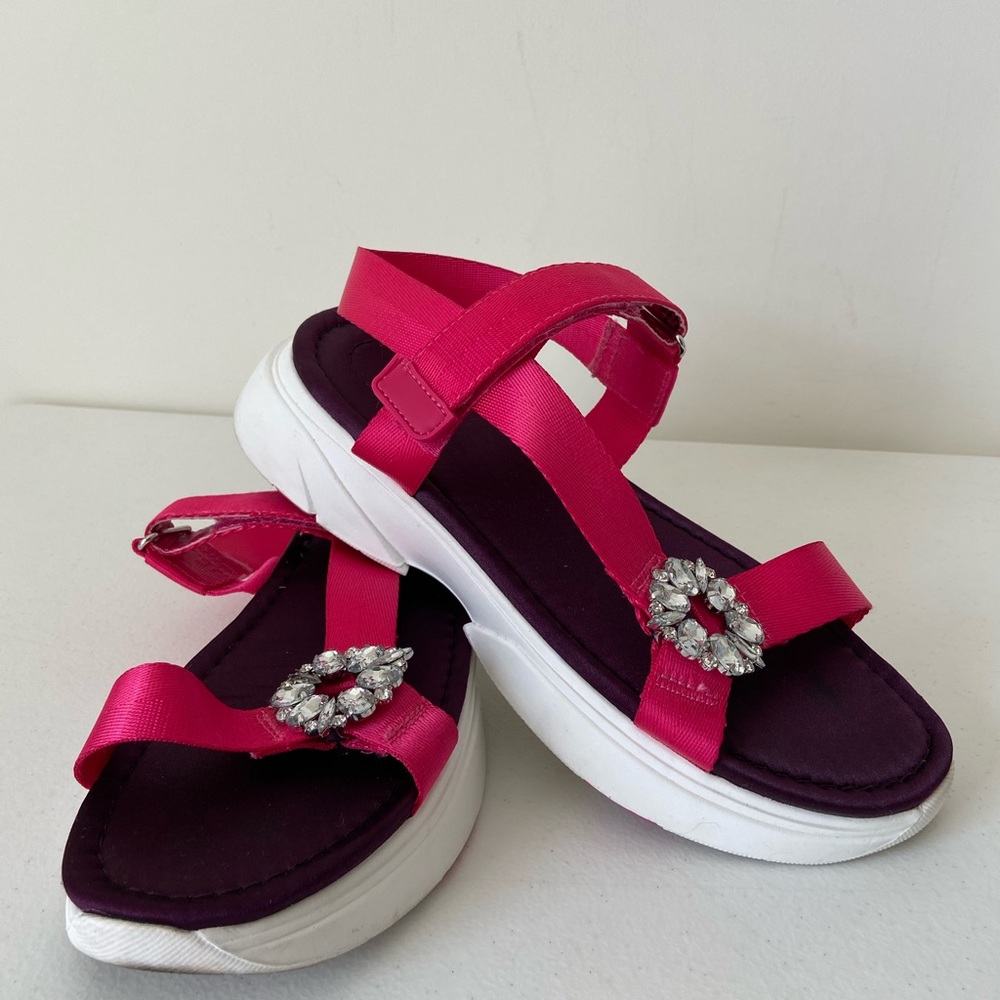 H&M women’s platform purple‎ pink jeweled Velcro strap sandals shoes size 9.5